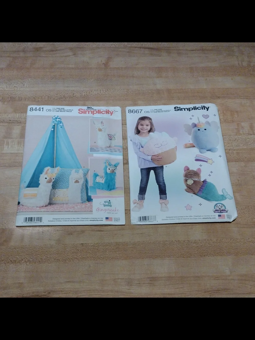 Lot of 2 Simplicity Craft Patterns 8441 8667 Llama Kitty Unicorn Mermaid Pillow